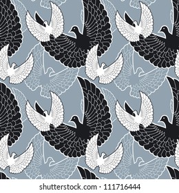 Flying birds seamless pattern in black-and-white