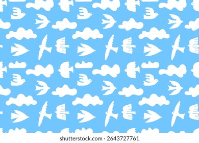 Flying birds seamless pattern. Cloudy blue sky with bird silhouettes, minimalism style dove and swallow with abstract cloud shapes. Textile print template. Vector background illustration.
