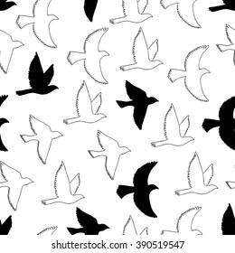 Flying birds seamless pattern. Silhouette a flock of birds. Bohemian style endless background.