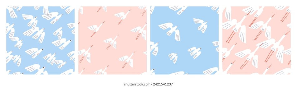 Flying birds, seamless patterns set. Cranes and doves flocks in flight in sky, endless background design. Spring nature, repeating print, texture for fabric, textile. Flat vector illustrations