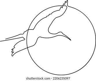 Flying birds Silhouette against the background of the sun or moon. Continuous line drawing. Vector illustration. 