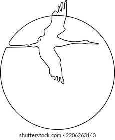 Flying birds Silhouette against the background of the sun or moon. Continuous line drawing. Vector illustration. 