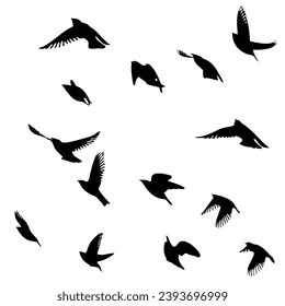 Flying birds silhouette flock. hand drawing. Not AI, Vector illustration