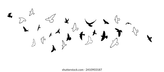 Flying birds silhouette flock. hand drawing. Not AI, Vector illustration