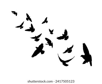 Flying birds silhouette flock. hand drawing. Not AI, Illustrat3 . Vector illustration