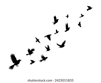 Flying birds silhouette flock. hand drawing. Not AI, Vector illustration