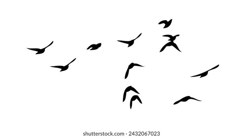 Flying birds silhouette flock. hand drawing. Not AI, Vector illustration