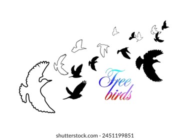 Flying birds silhouette flock. hand drawing. Not AI, Vector illustration.