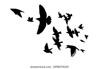 Flying birds silhouette flock. hand drawing. Not AI. Vector illustration.