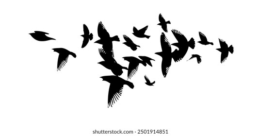 Flying birds silhouette flock. hand drawing. Not AI. Vector illustration.