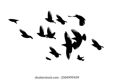 Flying birds silhouette flock. hand drawing. Not AI. Vector illustration.