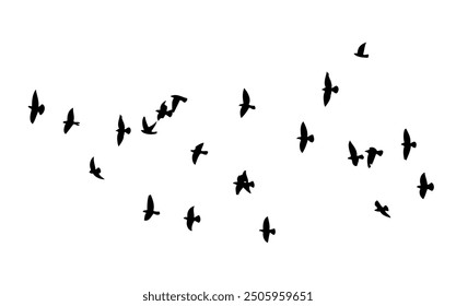 Flying birds silhouette flock. hand drawing. Not AI. Vector illustration.