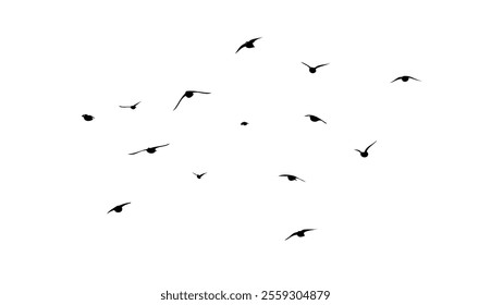 Flying birds silhouette flock. hand drawing. Not AI. Vector illustration.