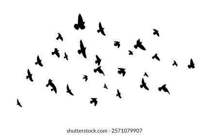 Flying birds silhouette flock. hand drawing. Not AI. Vector illustration.