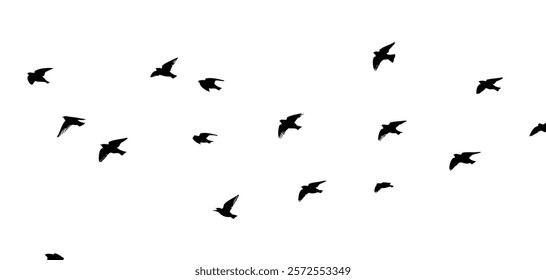 Flying birds silhouette flock. hand drawing. Not AI. Vector illustration.