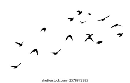 Flying birds silhouette flock. hand drawing. Not AI. Vector illustration.