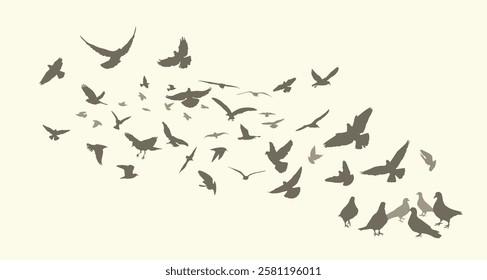 Flying birds silhouette flock. hand drawing. Not AI. Vector illustration.