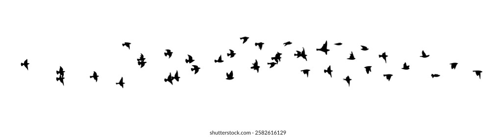 Flying birds silhouette flock. hand drawing. Not AI. Vector illustration.