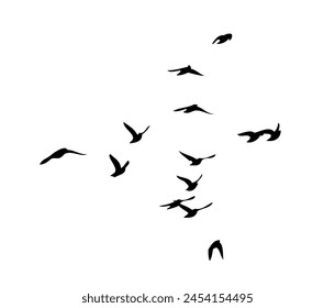 Flying birds silhouette flock. Not AI, Free birds abstraction . Vector illustration.