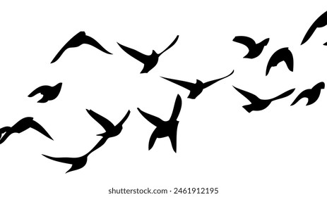 Flying birds silhouette flock. Not AI, Free birds abstraction . Vector illustration.