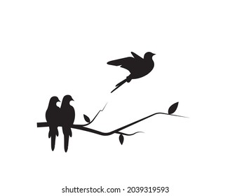 Flying birds silhouette on a branch and flying bird, vector. Birds illustration, illustration. Wall decals, art decoration, wall artwork. Birds silhouette on branch isolated on white background