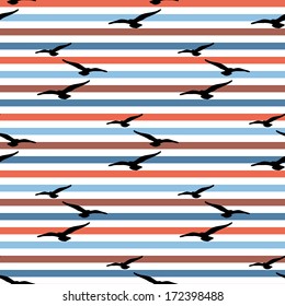 Flying birds silhouette on striped background seamless pattern