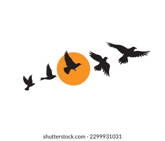 Flying birds silhouette on sunset isolated on white background, vector. Minimalist art design. Scandinavian poster design. Wall art, artwork, wall decals