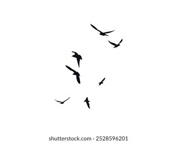 Flying Birds Silhouette Vector. Flock of Avian Shadows Soaring Across the Dusk Horizon. Feathered Creatures in Flight, Birds in Motion, Elegant Sky Scene, Nature Art and Wildlife Illustration.