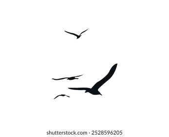 Flying Birds Silhouette Vector. Flock of Avian Shadows Soaring Across the Dusk Horizon. Feathered Creatures in Flight, Birds in Motion, Elegant Sky Scene, Nature Art and Wildlife Illustration.