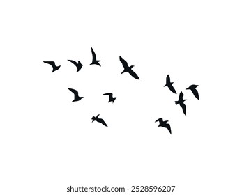 Flying Birds Silhouette Vector. Flock of Avian Shadows Soaring Across the Dusk Horizon. Feathered Creatures in Flight, Birds in Motion, Elegant Sky Scene, Nature Art and Wildlife Illustration.