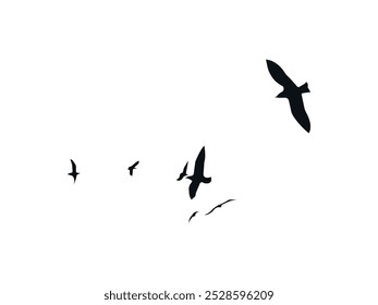 Flying Birds Silhouette Vector. Flock of Avian Shadows Soaring Across the Dusk Horizon. Feathered Creatures in Flight, Birds in Motion, Elegant Sky Scene, Nature Art and Wildlife Illustration.