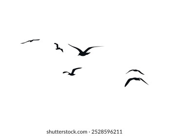 Flying Birds Silhouette Vector. Flock of Avian Shadows Soaring Across the Dusk Horizon. Feathered Creatures in Flight, Birds in Motion, Elegant Sky Scene, Nature Art and Wildlife Illustration.