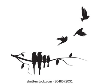 Flying birds silhouettes and branch illustration isolated on white background, vector. Natural wall decals, wall art, artwork. Black and white minimalist poster design