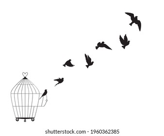 Flying birds silhouettes isolated on white background, vector. Birds illustration. Wall art, artwork, poster design. Freedom concept