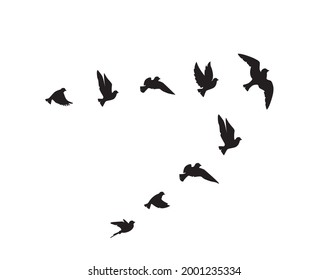 Flying birds silhouettes isolated on white background, vector. Birds flock flying in harmony. Wall decals, wall art, minimalist artwork. 