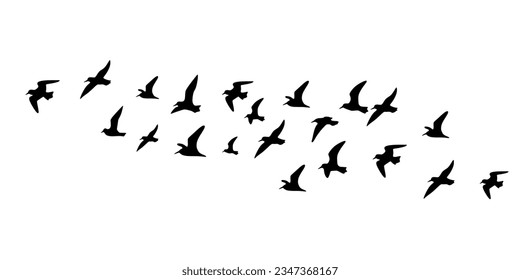 Fliegende Vogelsilhouetten einzeln auf weißem Hintergrund. Fliegende Vögel tätowieren Vektordesign. Vogelherde in minimaler Stilgrafik. Vektorgrafik