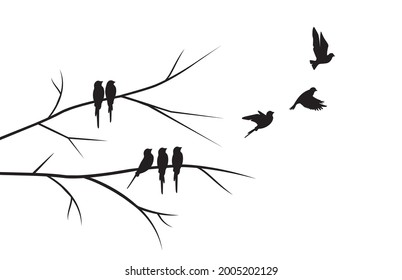 Flying birds silhouettes and birds on branch illustration isolated on white background, vector. Wall decals, art decoration. Modern wall art design, artwork. Beautiful painting design