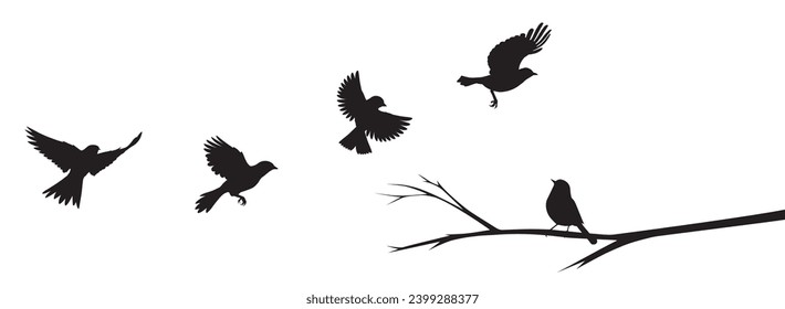 Flying birds silhouettes on branch, vector. Wall decals isolated on white background, illustration. Minimalist black and white art design