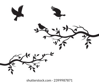 Flying birds silhouettes on branch, vector. Wall decals isolated on white background, illustration. Minimalist black and white art design