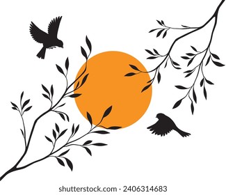 Flying birds silhouettes on branch on sunset, vector. Wall decals isolated on white background, illustration. Minimalist art design