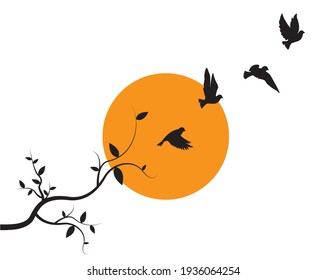 Flying birds silhouettes on sunset and branch illustration, vector. Wall decals, artwork, wall art design isolated on white background. Natural background. Beautiful minimalist art design