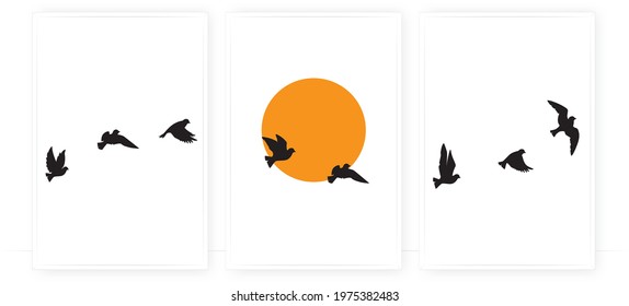 Flying birds silhouettes on sunset vector, wall decals, wall decor, poster design isolated on white background, minimalist poster design, minimalism wall decoration, art decor, three pieces wall art