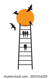 Flying birds silhouettes on sunset and ladder, vector. Wall decals isolated on white background. Wall art, artwork, childish cartoon illustration