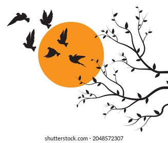 Siluetas de aves voladoras sobre la puesta de sol e ilustración de rama aisladas sobre fondo blanco, vector. Decoración natural en las paredes, arte en las paredes, obras de arte. Diseño de afiches minimalistas en blanco y negro