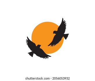 Flying birds silhouettes on sunset, vector. Birds illustration isolated on white background. Wall art, artwork, poster design. Freedom concept. Scandinavian minimalism art design. 