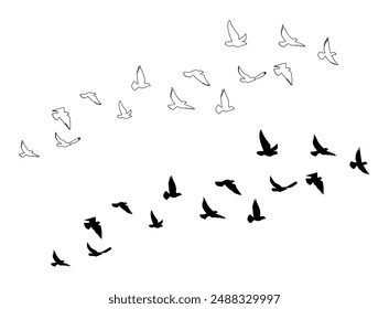 Siluetas de pájaros voladores sobre fondo transparente. Ilustración vectorial voladora de pájaros aislada.