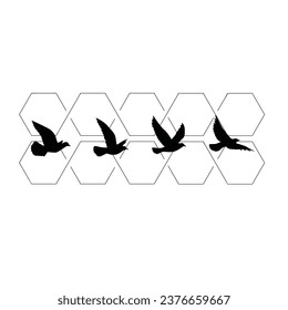 Fliegende Vögel Silhouetten Muster Tapete. Vektorgrafik. Einzelgänger fliegen. Tätowierungsdesign. Vorlage für Karte, Paket und Bildschirmhintergrund.