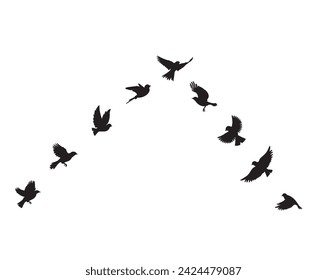 Siluetas de pájaros voladores en forma de flecha, vector. Ilustración de aves voladoras. Diseño de póster minimalista aislado sobre fondo blanco. Adhesivos de pared, ilustraciones de pared