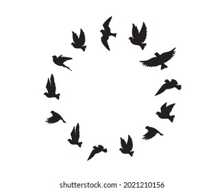 Flying birds silhouettes in shape of a circle, vector. Flying birds illustration. Minimalist poster design isolated on white background. Wall decals, wall artwork