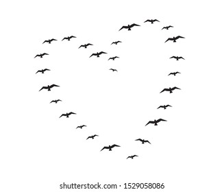 Flying birds silhouettes in shape of a heart, vector. Flying birds illustration. Minimalist poster design isolated on white background. Wall decals, wall artwork